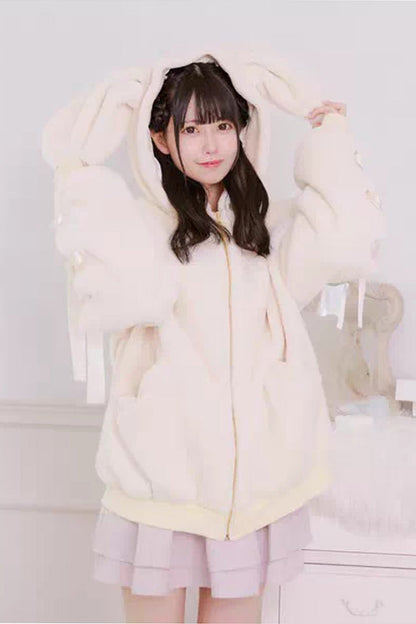 Black Rabbit Ears Long Sleeves Bowknot Lace-Up Hooded Jirai Kei Coat