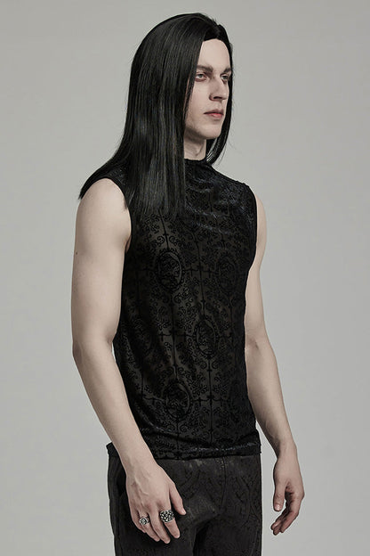 Black Sleeveless Beaded Cross Flocking Print Men's Gothic Tank Top