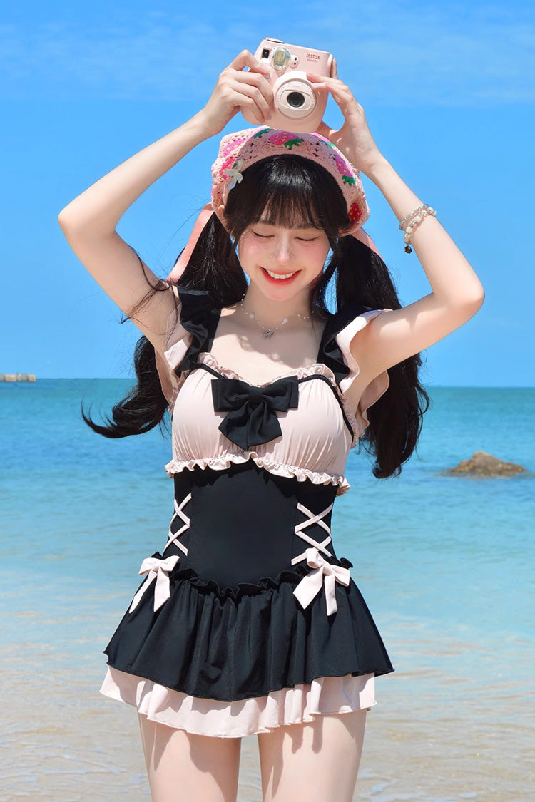 Black/Pink Ruffle Bowknot Lace-Up Sweet Lolita One-piece Swimsuit