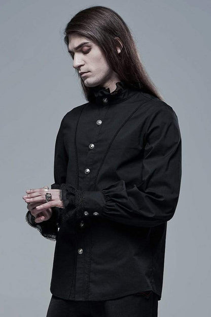 Black Stand Collar Long Sleeves Metal Button Lace Mens Gothic Blouse