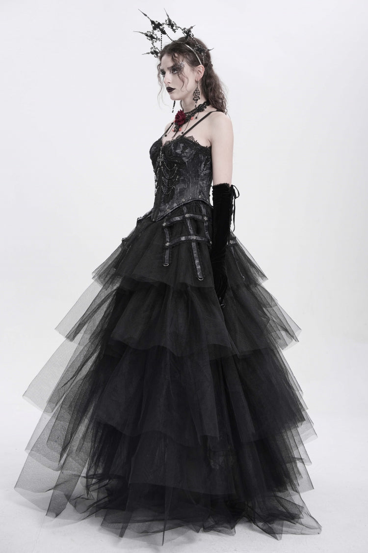 Black Sleeveless Embroidery Lace Chain Women's Gothic Vest