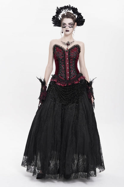 Red Sleeveless Beaded Lace Lace-Up Women's Gothic Overbust Corset