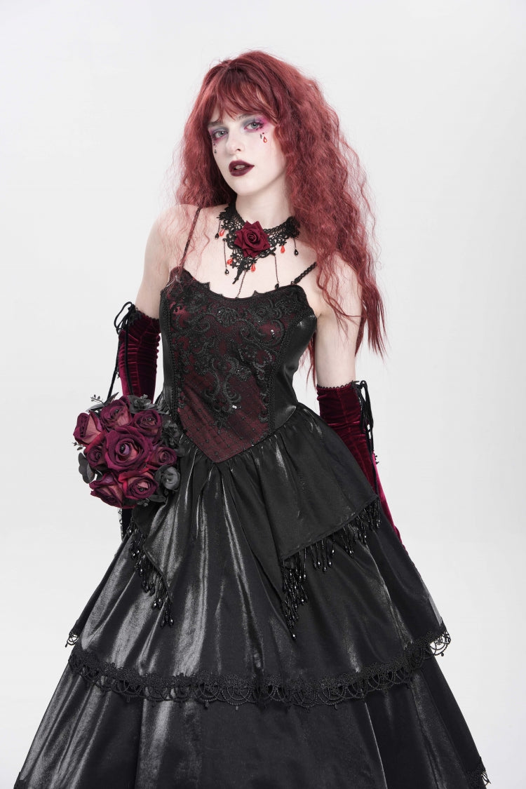 Black Sleeveless Multi-Layered Embroidery Pearl Women's Gothic Slip Dress