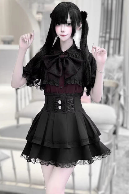 [Dark Moon Shadow] Short Sleeves Double-Layered Ruffled Embroidered Bow Lace-Up Gothic Jirai Kei Lolita Top + Skirt Set