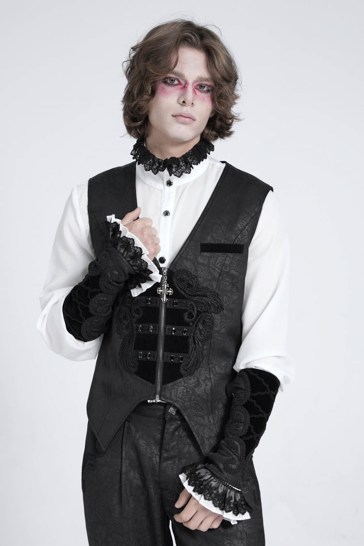 Black Sleeveless Floral Embroidery Stitching Velvet Men's Gothic Vest