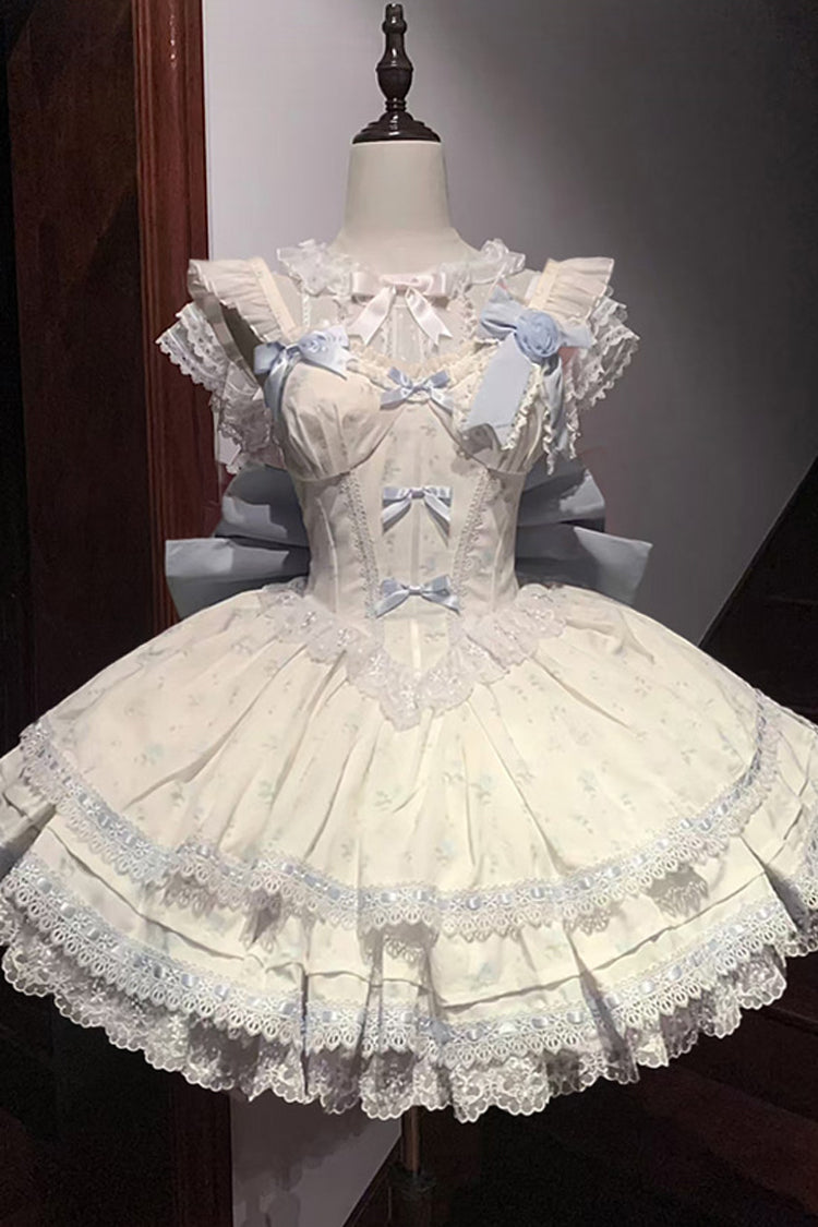 Blue [First Love Rose] Multi-Layered Print Ruffle Bowknot Lace Sweet Lolita Jsk Dress Set