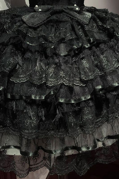 Black [Ballad of Feathers] Sleeveless Multi-Layered Ruffle Hanayome Bowknot Gothic Lolita Jsk Dress