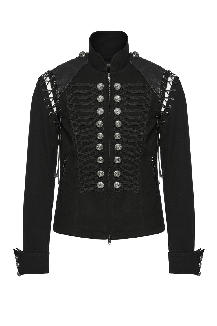Black/Silver Stand Collar Long Sleeves Lace-Up Buttons Men's Punk Jacket