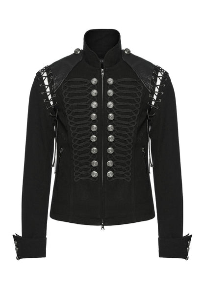 Black/Silver Stand Collar Long Sleeves Lace-Up Buttons Men's Punk Jacket