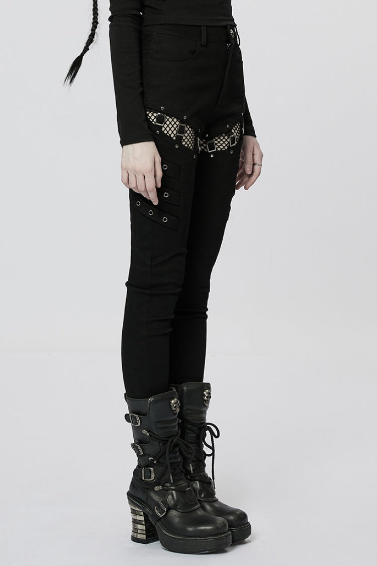 Black Stitching Slim Mesh Buckles Metal Hardware Women's Steampunk Pants