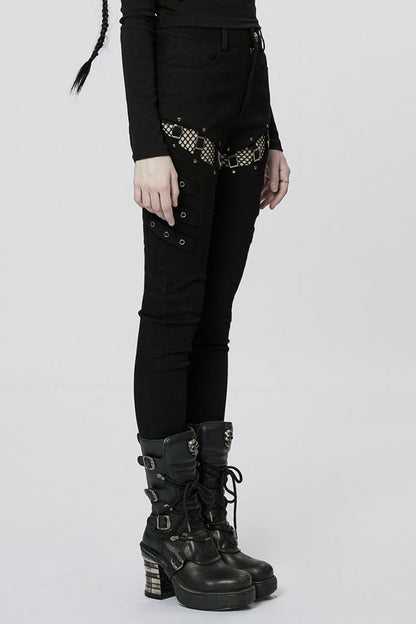 Black Stitching Slim Mesh Buckles Metal Hardware Women's Steampunk Pants
