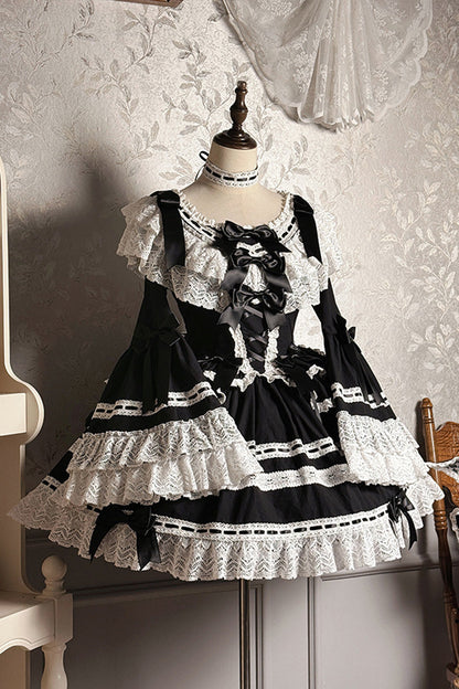 Black [Rabbit Sleeping Doll] Long Trumpet Sleeves Ruffle Bowknot Lace Sweet Lolita Dress