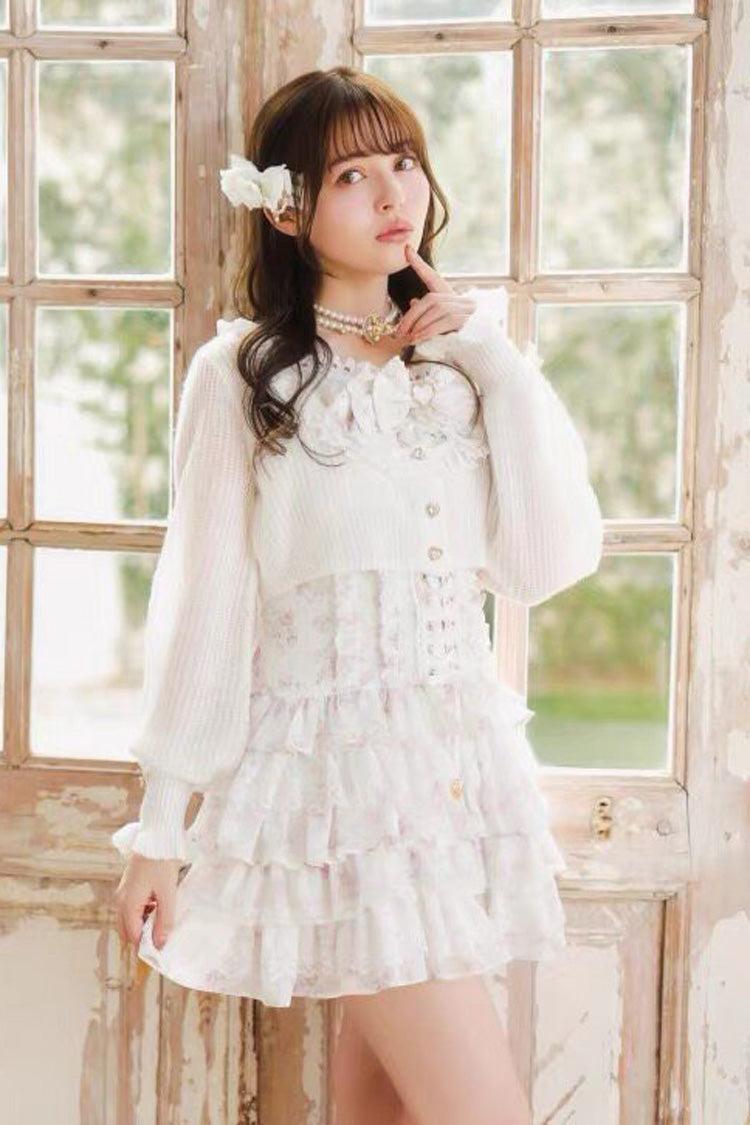 Jirai Kei Long Sleeves Multi-Layered Printed Ruffled Bow Sweet Dress 3 Colors