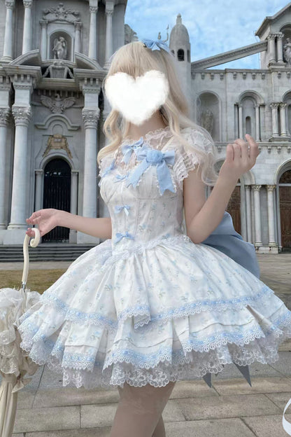 Blue [First Love Rose] Multi-Layered Print Ruffle Bowknot Lace Sweet Lolita Jsk Dress Set