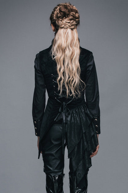 Black Spun Velvet Chinese Frog Button Floral Spiral Pattern Asymmetrical Hem Lace Up Women's Gothic Waistcoat