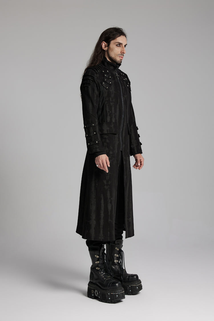Black Stand Collar Long Sleeves Rivets Strap Zip Men's Punk Long Coat