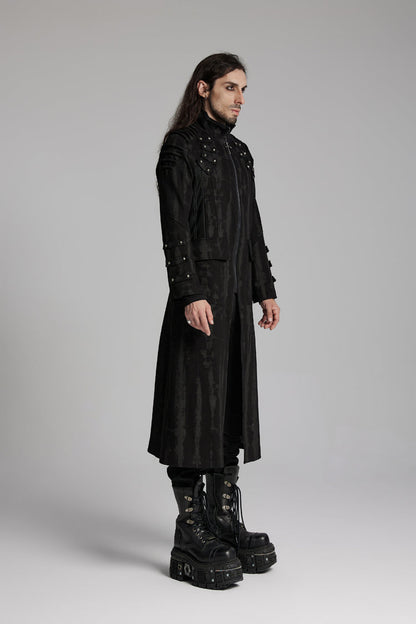 Black Stand Collar Long Sleeves Rivets Strap Zip Men's Punk Long Coat