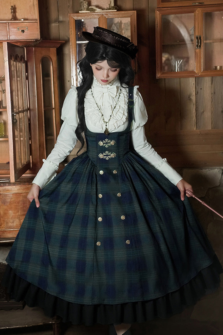 Blue/Green [Berlin's letter] Double-Layered Plaid Print Ruffle Bowknot Classic College Style Lolita Strap Dress Set 2 Versions