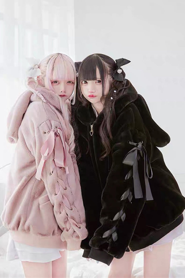 Black Rabbit Ears Long Sleeves Bowknot Lace-Up Hooded Jirai Kei Coat