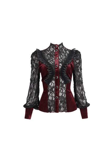 Red Velvet High Neck Lace Fake Bra Design Splicing Three-Dimensional Butterfly Mesh Women's Gothic Shirt