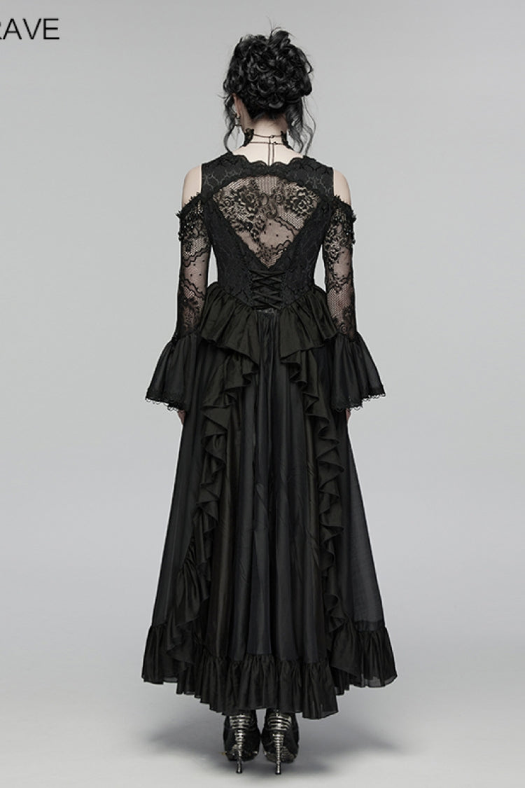 Black V Collar Long Trumpet Sleeves Double-Layered Hanayome Cut-Out Embroidered Lace Lace-Up Pearl-Decorated Pleated Women's Gothic Gorgeous Palace Dress