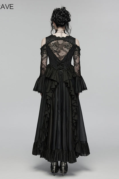 Black V Collar Long Trumpet Sleeves Double-Layered Hanayome Cut-Out Embroidered Lace Lace-Up Pearl-Decorated Pleated Women's Gothic Gorgeous Palace Dress