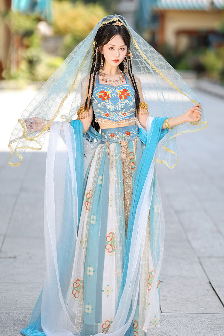 Blue Elegant Print Embroidery High Waisted Sleeveless Hanfu Dress Full Set