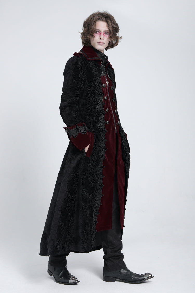 Black/Red Lapel Collar Embroidery Zipper Men's Gothic Handsome Coat