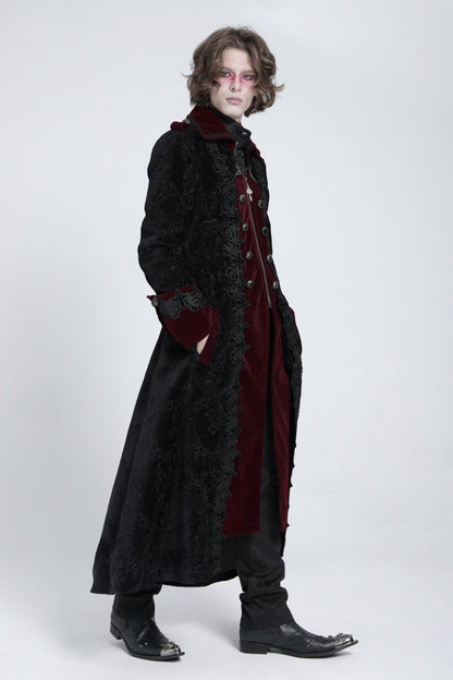 Black/Red Lapel Collar Embroidery Zipper Men's Gothic Handsome Coat
