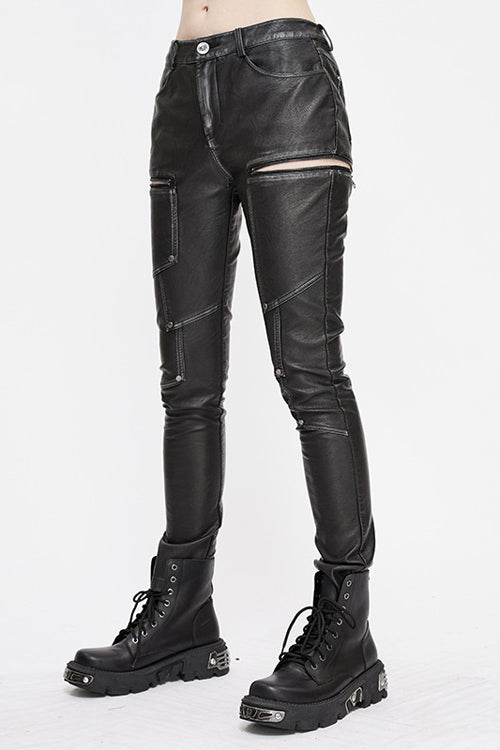 Black Punk Biker Block Shaped Patchwork Hand Rubbed Leather Womens Pants