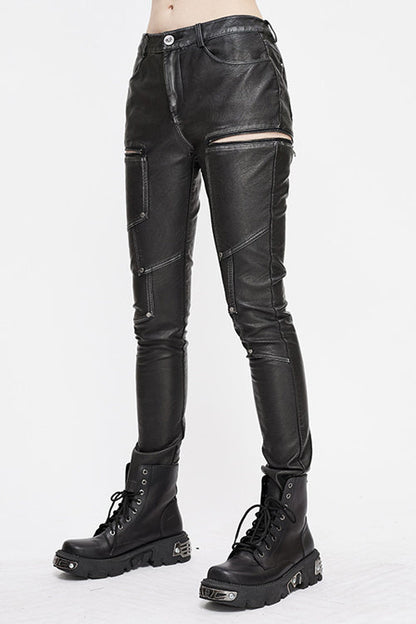 Black Punk Biker Block Shaped Patchwork Hand Rubbed Leather Womens Pants