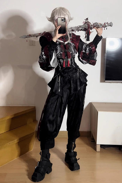 Black [Bone Dragon] Print Zipper Lace-Up Ouji Fashion Classic Lolita Waistband