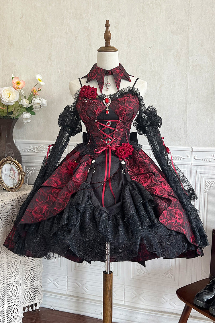 Black/Red [Weeping Rose] Jacquard Print Ruffle Cardigan Bowknot Lace-Up Gothic Lolita Dress