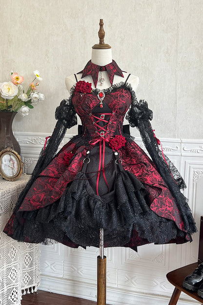 Black/Red [Weeping Rose] Jacquard Print Ruffle Cardigan Bowknot Lace-Up Gothic Lolita Dress