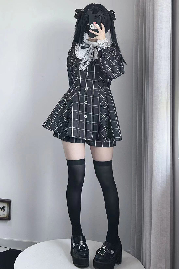 Black/White [Heart-beating Limited] Long Sleeves Plaid Print Print Bowknot Lace Gothic Jirai Kei Dress Set