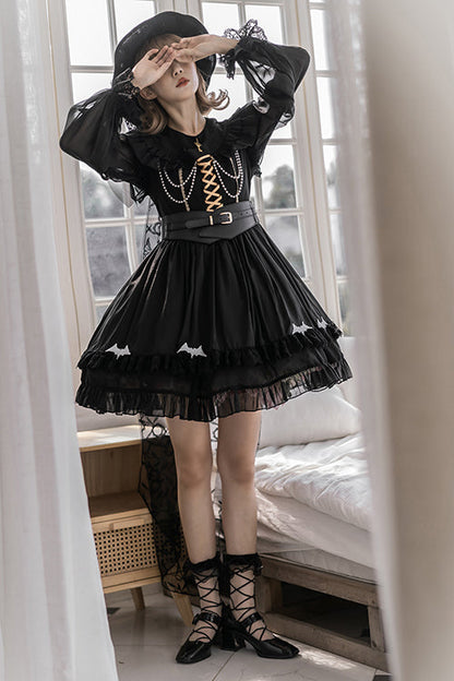 Black Round Collar Ruffled Lantern Sleeves High Waisted Trainee Witch Sweet Lolita Dress