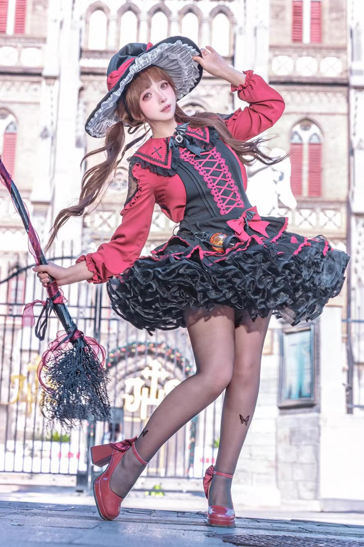Black/Red [Showa Cake] Sleeveless Triple-Layered Ruffled Bow Lace-Up Witch Gothic Lolita Jsk Dress