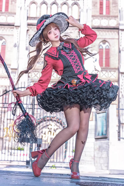 Black/Red [Showa Cake] Sleeveless Triple-Layered Ruffled Bow Lace-Up Witch Gothic Lolita Jsk Dress