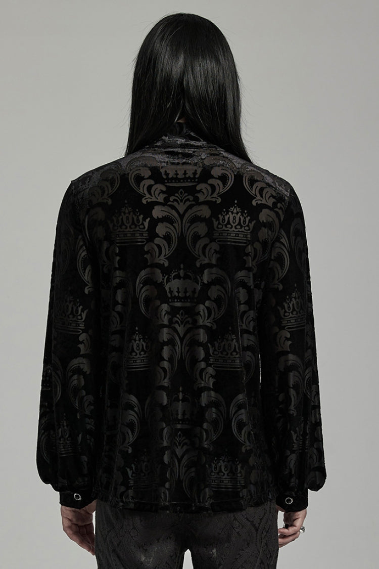 Black Stand Collar Puff Sleeves Jacquard Print Men's Gothic Blouse