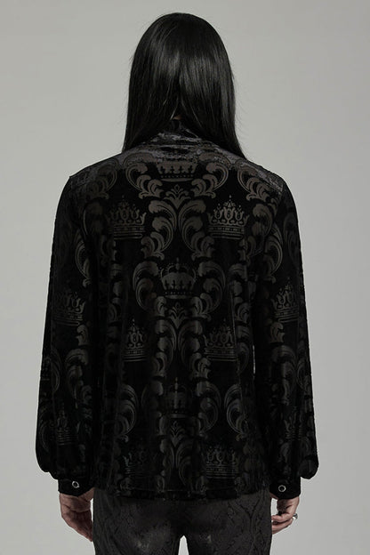 Black Stand Collar Puff Sleeves Jacquard Print Men's Gothic Blouse