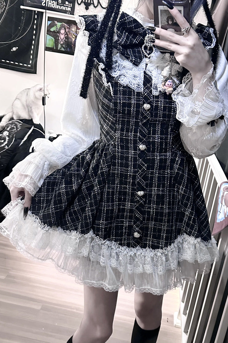 Black [Lunar Eclipse Doll] Long Sleeves Plaid Printed Ruffled Bow Lace Sweet Jirai Kei Japanese Dress Shorts Set