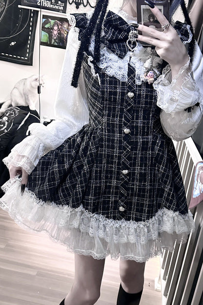 Black [Lunar Eclipse Doll] Long Sleeves Plaid Printed Ruffled Bow Lace Sweet Jirai Kei Japanese Dress Shorts Set