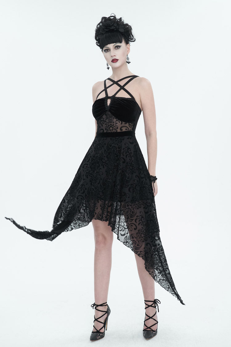 Black Stretch Pentagram Flock Print Sexy Sheer Women's Gothic Dress