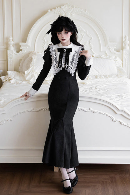 Black/White [Rose Doll] Square Collar Long Sleeves Bowknot Lace-Up Gothic Lolita Dress Set 2 Versions