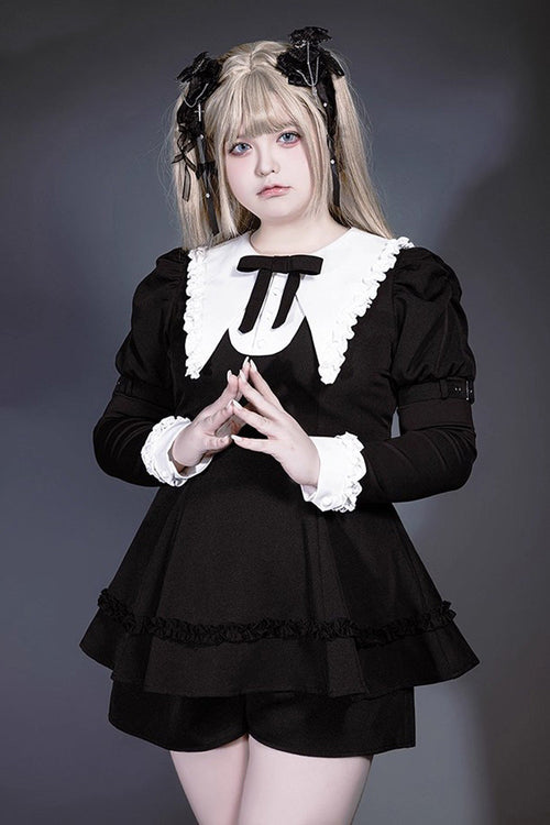 Black/White Long Sleeves Ruffle Bowknot Jirai Kei Japanese Witch Set