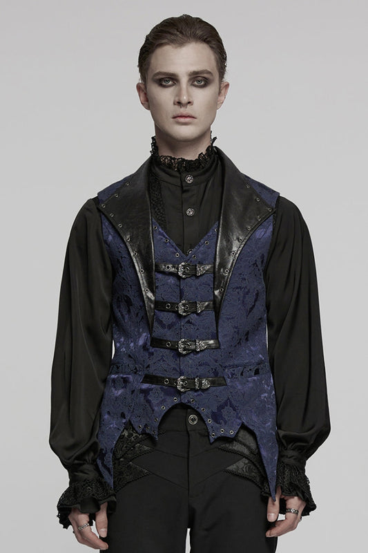 Black/Blue Lapel V-neck Sleeveless Jacquard Buckle Men's Gothic Vest