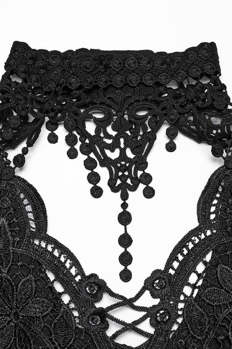 Black V Collar Embroidery Lace Lace-Up Women's Gothic Blouse