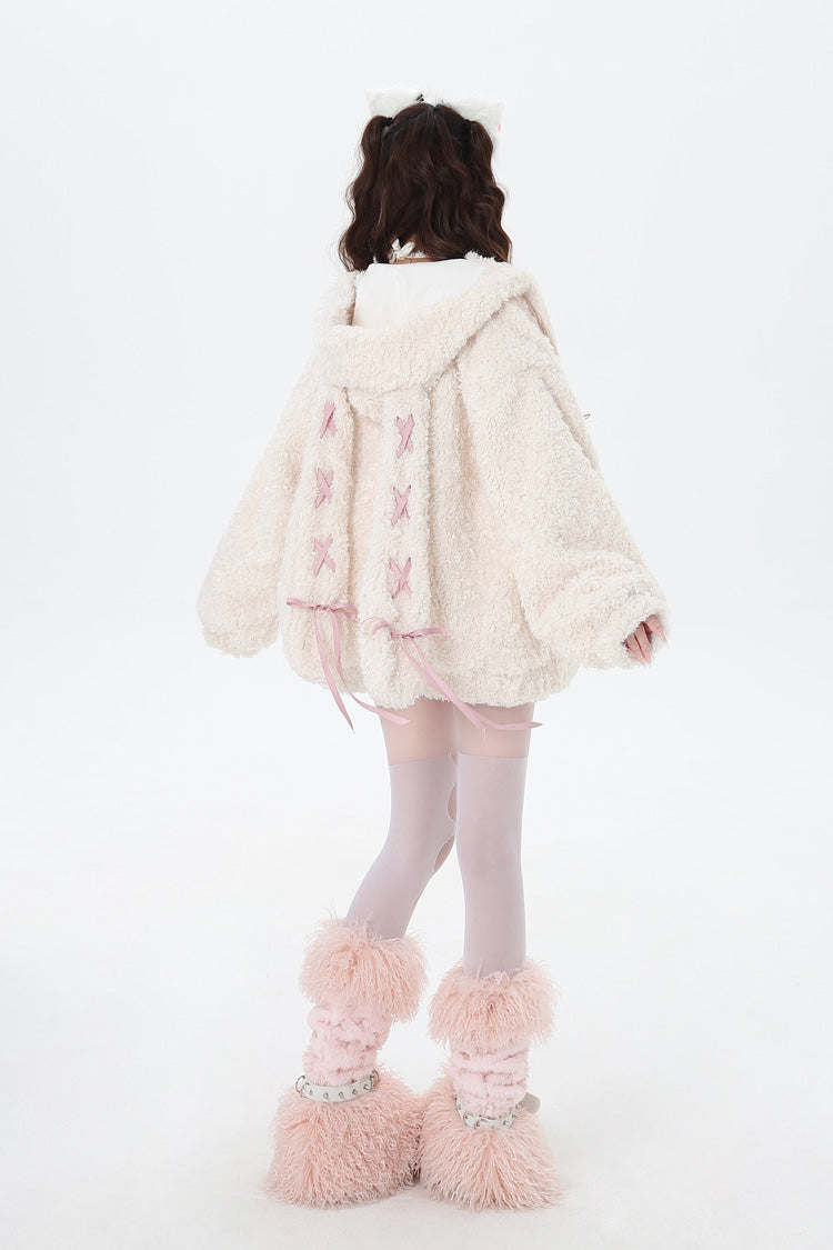 [Lace-Up Bunny Ears] Long Sleeves Hooded Plush-lined Zipper Sweet Lolita Coat 2 Colors
