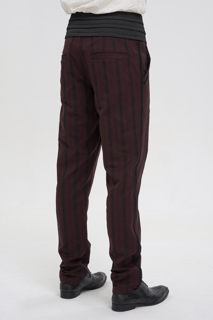 Red Retro Mid High Waist Micro Elastic Striped Woven Stitching Three Dimensional Jacquard Men's Gothic Trousers