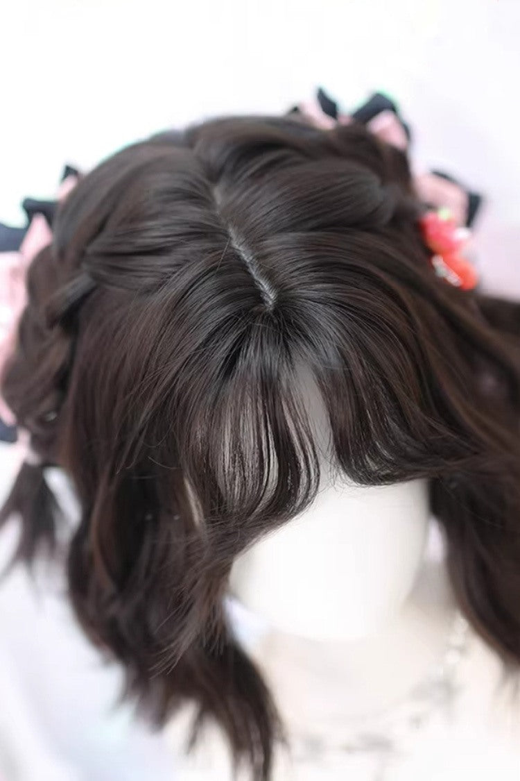 Black Tea Brown Short Wavy Wig with Special Curtain Bangs Sweet Lolita